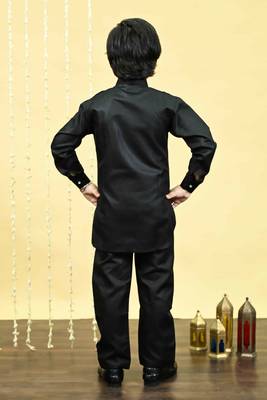 Black cotton blend pathani kurta with salwar set for boys 2