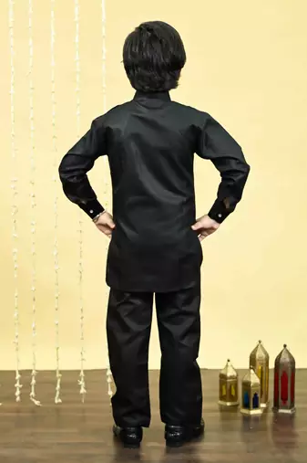 Black cotton blend pathani kurta with salwar set for boys