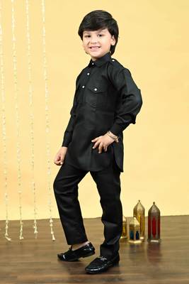Black cotton blend pathani kurta with salwar set for boys 3