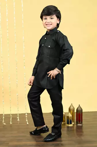 Black cotton blend pathani kurta with salwar set for boys