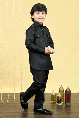 Black cotton blend pathani kurta with salwar set for boys 4