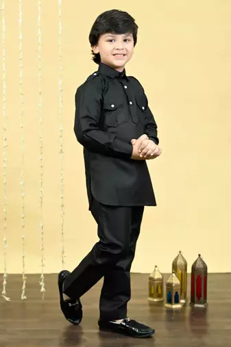 Black cotton blend pathani kurta with salwar set for boys