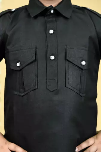 Black cotton blend pathani kurta with salwar set for boys