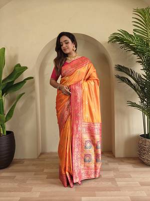 Orange Rich Banarasi Silk blend Saree 1