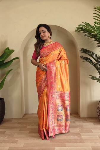 Orange Rich Banarasi Silk blend Saree
