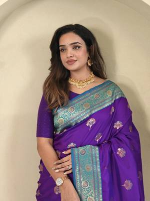Dark Plum Rich Banarasi Silk blend Saree 1