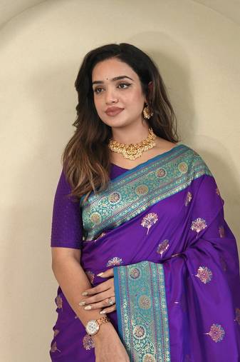 Dark Plum Rich Banarasi Silk blend Saree