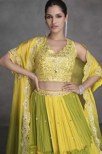 Yellow organza silk embroidered ready to wear lehenga