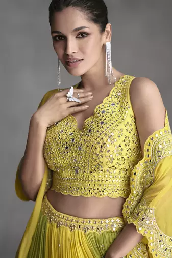Yellow organza silk embroidered ready to wear lehenga