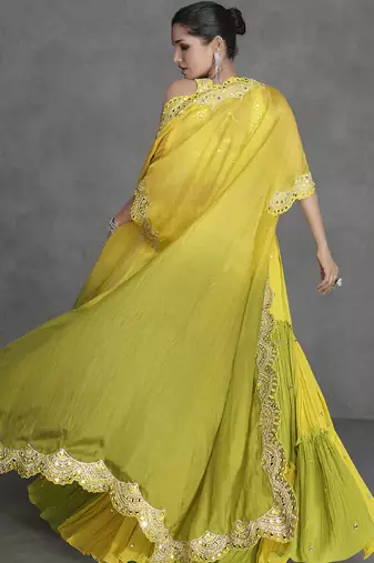 Yellow organza silk embroidered ready to wear lehenga