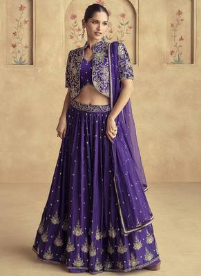 violet chinon silk embroidered ready to wear lehenga 1