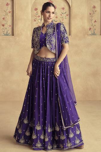 violet chinon silk embroidered ready to wear lehenga