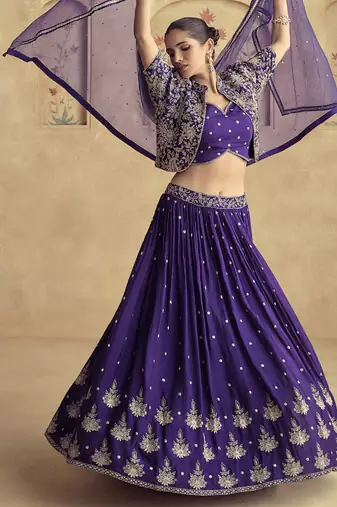 violet chinon silk embroidered ready to wear lehenga