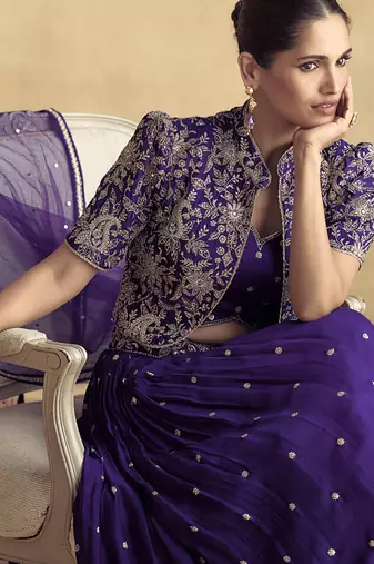 violet chinon silk embroidered ready to wear lehenga