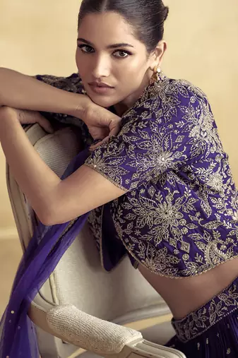 violet chinon silk embroidered ready to wear lehenga