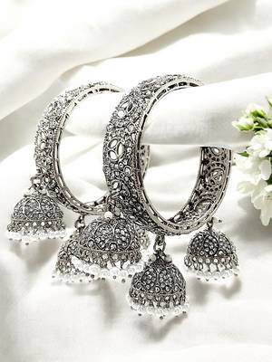 set of 2 silver plated mirror studded jhumki latkan bangle set 1