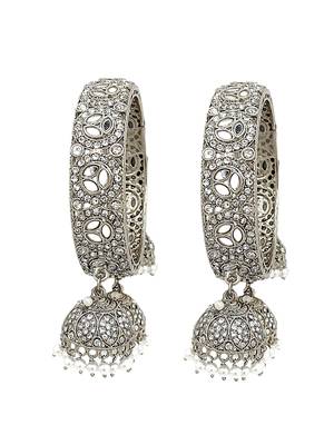  set of 2 silver plated mirror studded jhumki latkan bangle set 2