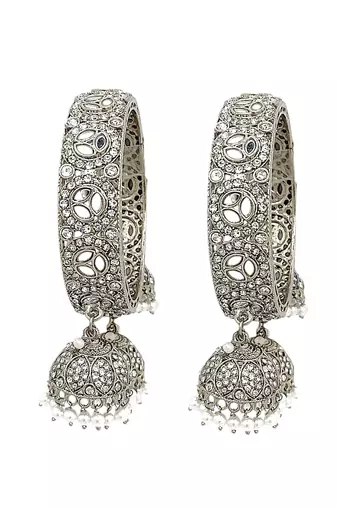  set of 2 silver plated mirror studded jhumki latkan bangle set