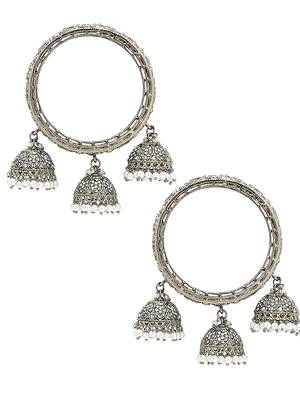  set of 2 silver plated mirror studded jhumki latkan bangle set 3