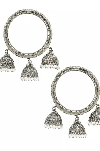  set of 2 silver plated mirror studded jhumki latkan bangle set