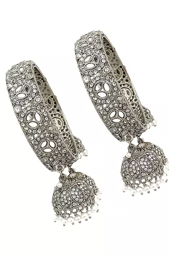  set of 2 silver plated mirror studded jhumki latkan bangle set