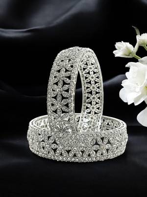  set of 2 silver plated cubic zirconia studded broad bangle set 1