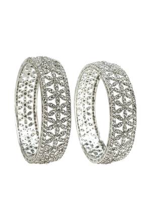  set of 2 silver plated cubic zirconia studded broad bangle set 2