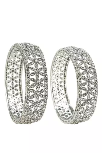  set of 2 silver plated cubic zirconia studded broad bangle set