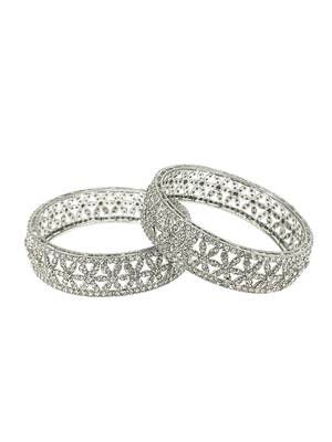  set of 2 silver plated cubic zirconia studded broad bangle set 3