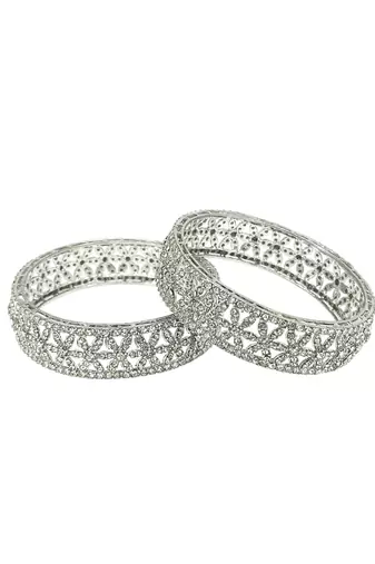  set of 2 silver plated cubic zirconia studded broad bangle set