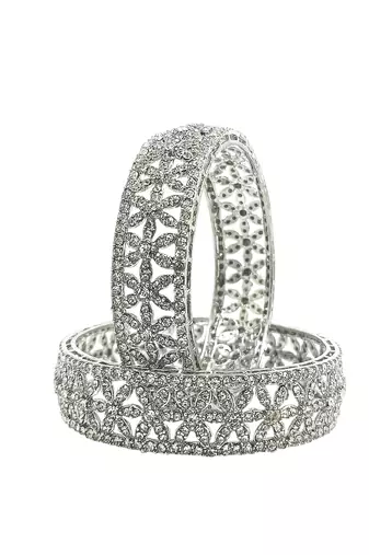  set of 2 silver plated cubic zirconia studded broad bangle set