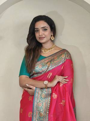 Hot Pink Rich Banarasi Silk blend Saree 1