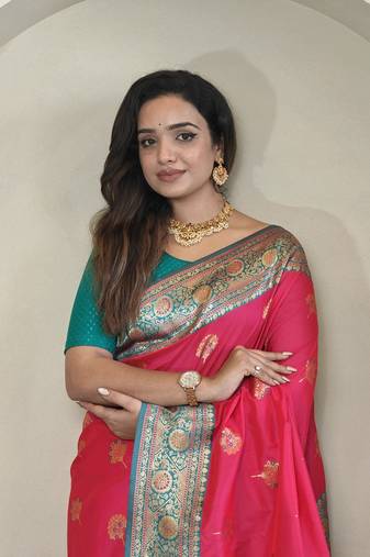 Hot Pink Rich Banarasi Silk blend Saree