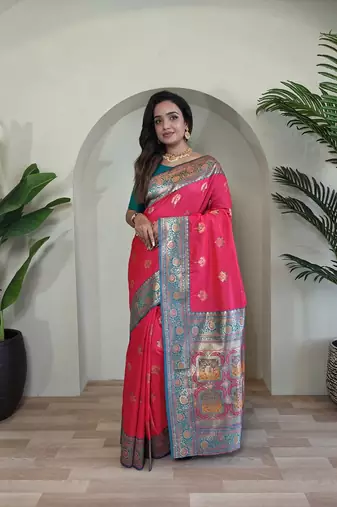 Hot Pink Rich Banarasi Silk blend Saree