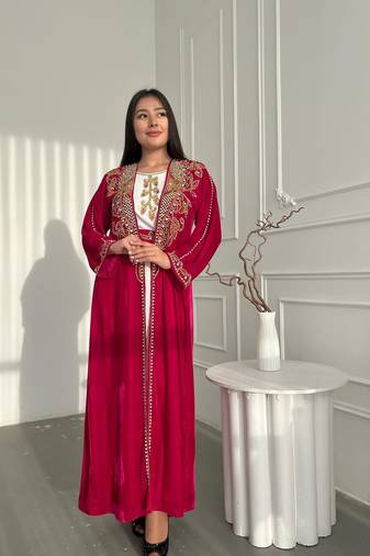 Red Moroccan Dubai Kaftans Farasha Abaya Dress Very Fancy Long Gown