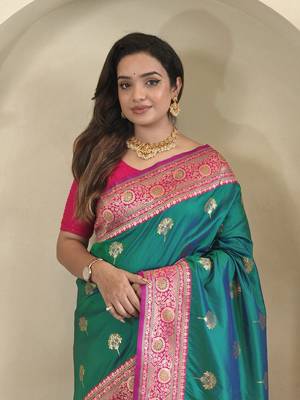 Rama Green Rich Banarasi Silk blend Saree 1
