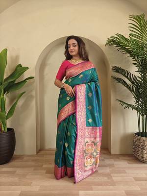 Rama Green Rich Banarasi Silk blend Saree 2