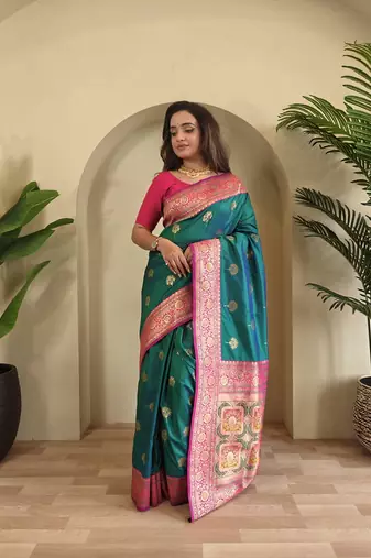 Rama Green Rich Banarasi Silk blend Saree