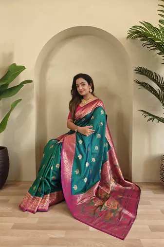 Rama Green Rich Banarasi Silk blend Saree