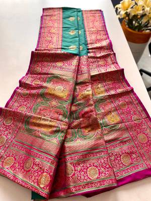 Rama Green Rich Banarasi Silk blend Saree 4