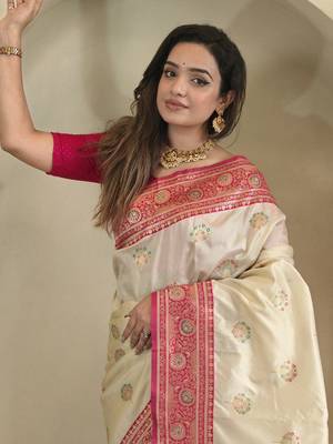 White Rich Banarasi Silk blend Saree 2