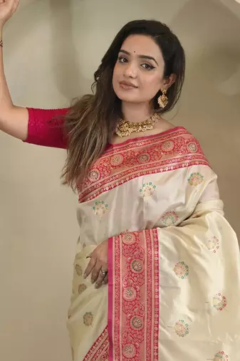 White Rich Banarasi Silk blend Saree