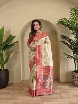 White Rich Banarasi Silk blend Saree 1