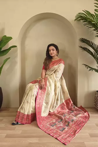 White Rich Banarasi Silk blend Saree
