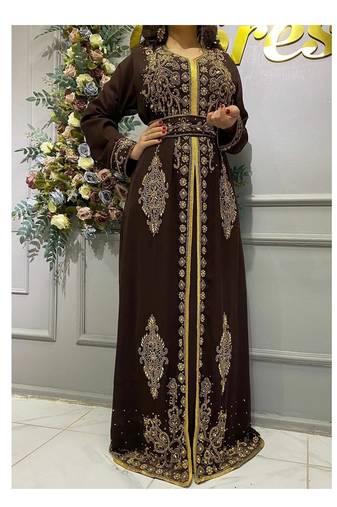  brown Crystal Work Moroccan Dubai Kaftans Wedding Bridesmaid Dress