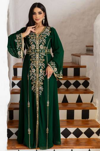 Green Crystal Work Moroccan Dubai Kaftans Wedding Bridesmaid Dress