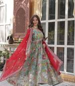 Multicolor Digital Printed Silk Blend Foil Embroidery Zari Sequin Work Gown With Dupatta Set