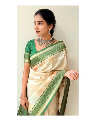 Cream Green silk blend saree with blouse piece 2