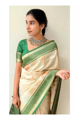 Cream Green silk blend saree with blouse piece