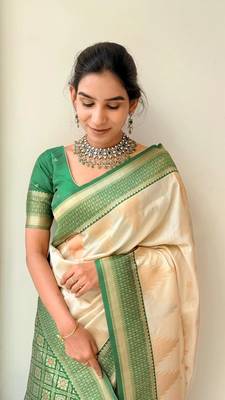 Cream Green silk blend saree with blouse piece 1